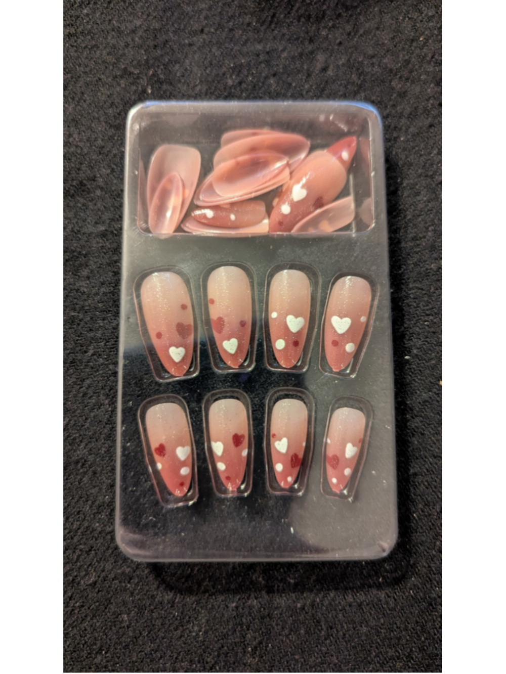 Press On Nails - Long Pink Red White Hearts with Glitter